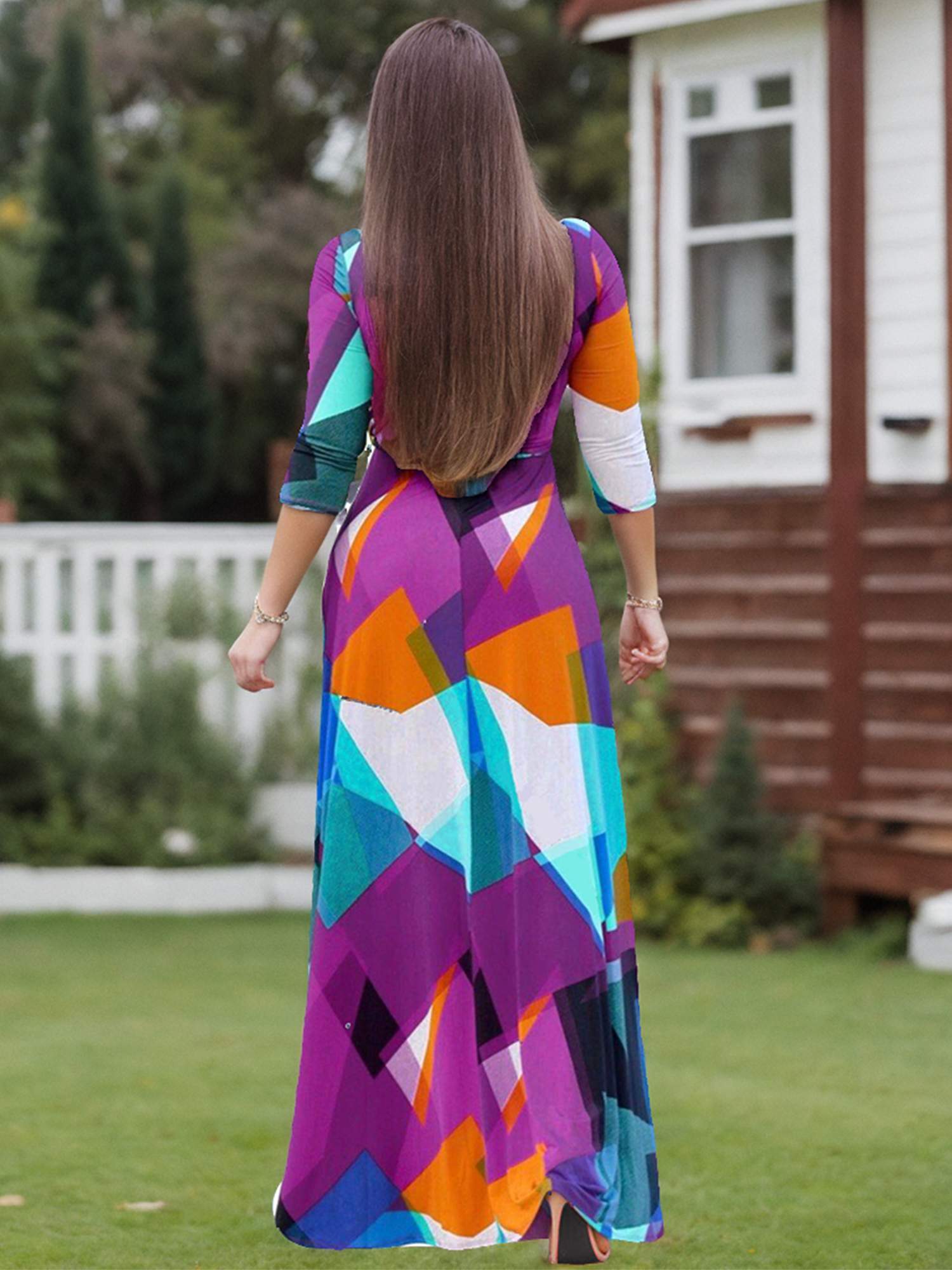 Women's Summer 3/4 Sleeve Maxi Dress - High Waist Wrap V-Neck Long Dress With Pockets & Side Split