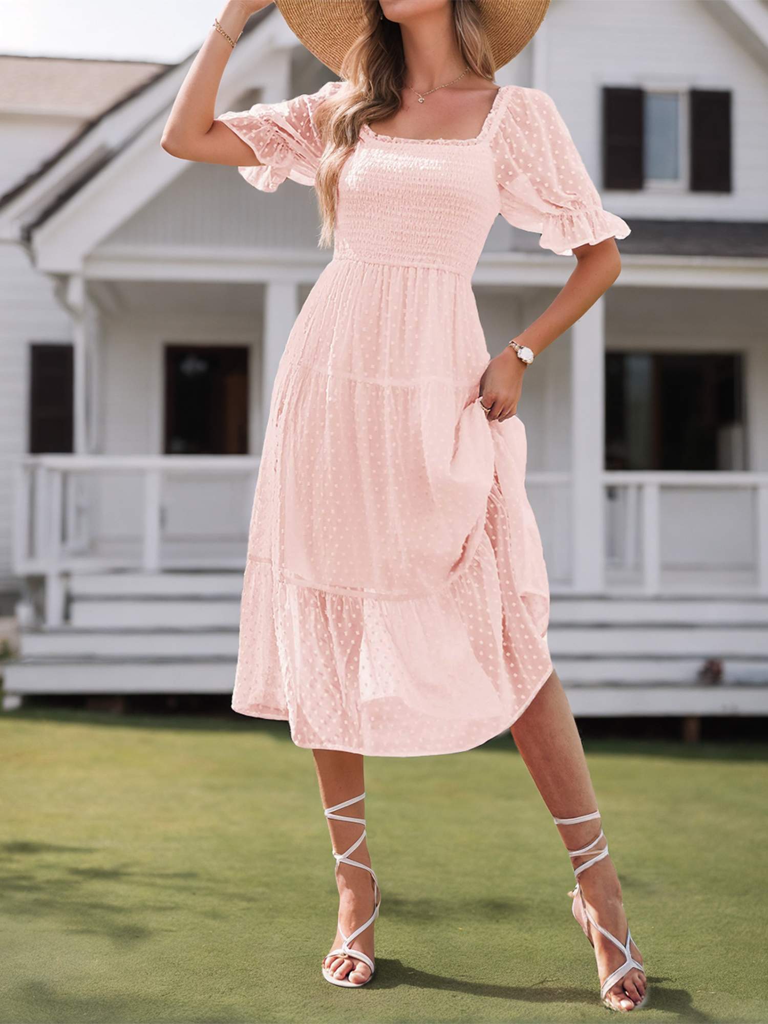 ワンピース MIDWEST EXCLUSIVE PUFF SLEEVE KNIT DRESS R.Vivimos Women's Summer Square Neck Midi Dress 2025 Casual