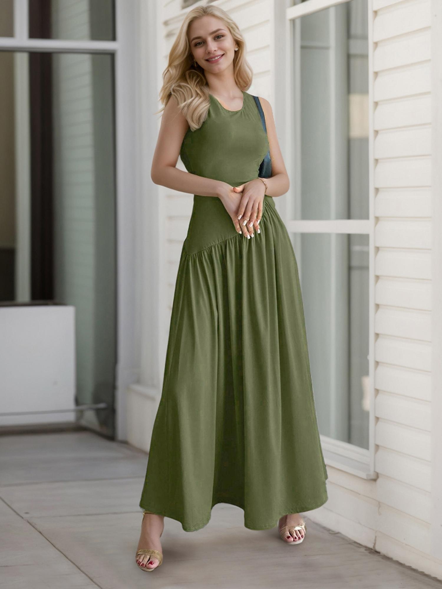 Women's Summer Casual Ruched Sleeveless Tank Dress Crew Neck Flare