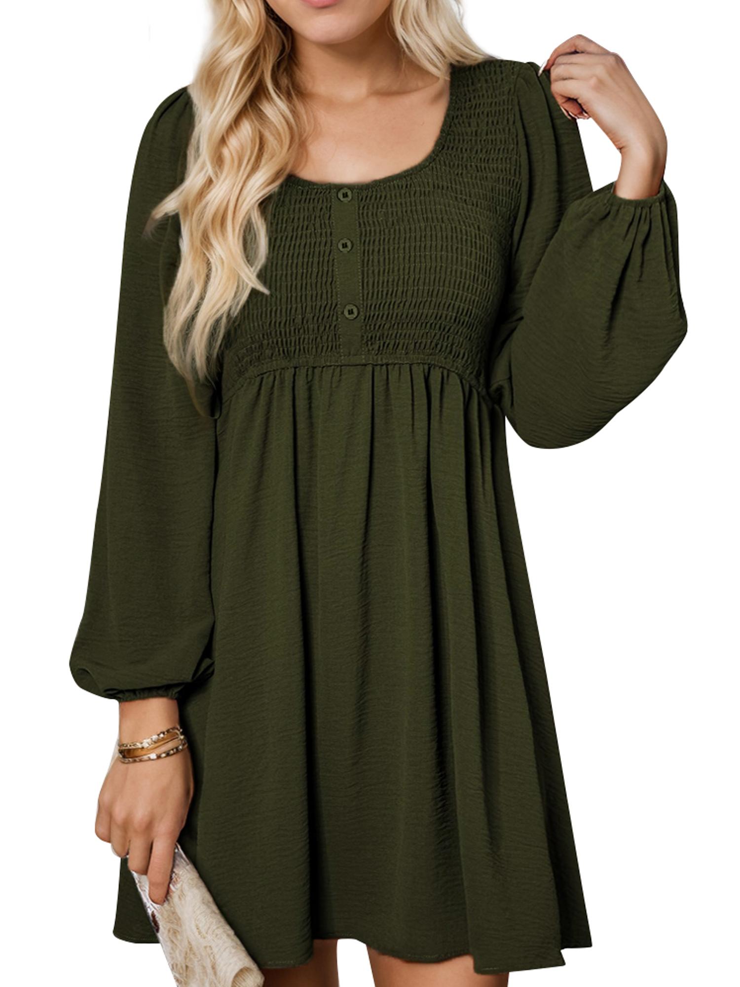 Womens Casual Dress Smocked Crewneck Button Up Long Sleeve Mini Dress NEW |  eBay